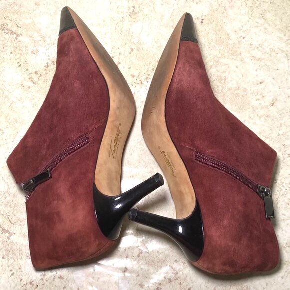 Burgundy Suede Pointed Toe Booties Black Patent Leather Tips Heels Office Casual - Picture 5 of 10